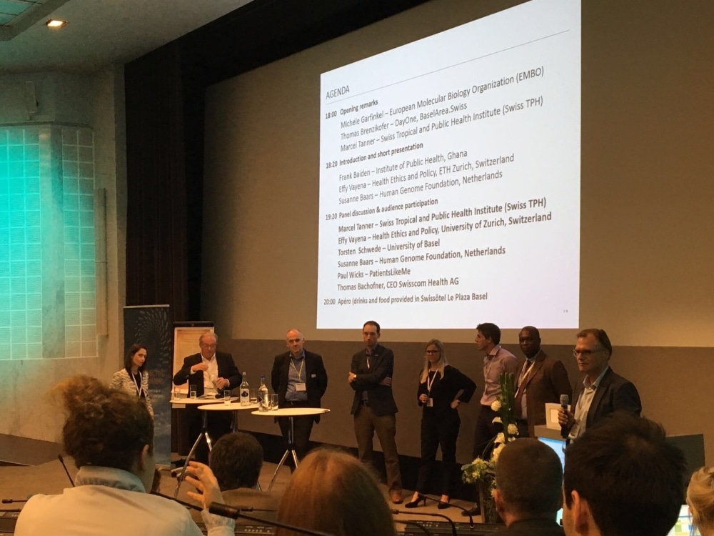 The panel (starting from left): Effy Vayena, ETH Zurich; Marcel Tanner, Swiss TPH, Switzerland Torsten Schwede, University of Basel and SIB; Paul Wicks, PatientsLikeMe; Susanne Baars, Human Genome Foundation; Thomas Bachofner, Swisscom Heatlh; Frank Baiden, Institute of Public Health, Ghana