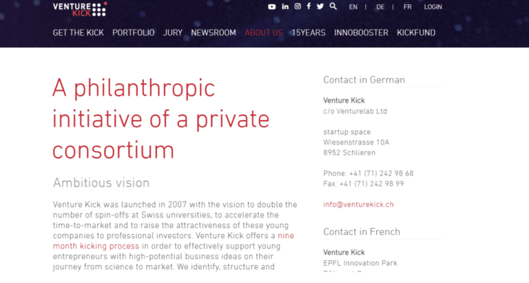 Screenshot of Venture Kick website.